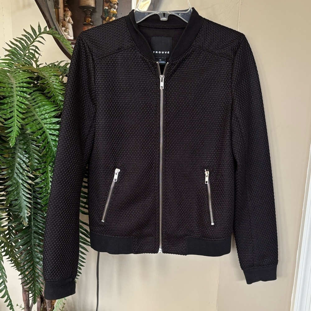 Trouvé Black Bomber Jacket Textured Silver Tone Full Zip Up Ribbed Collar Hem
